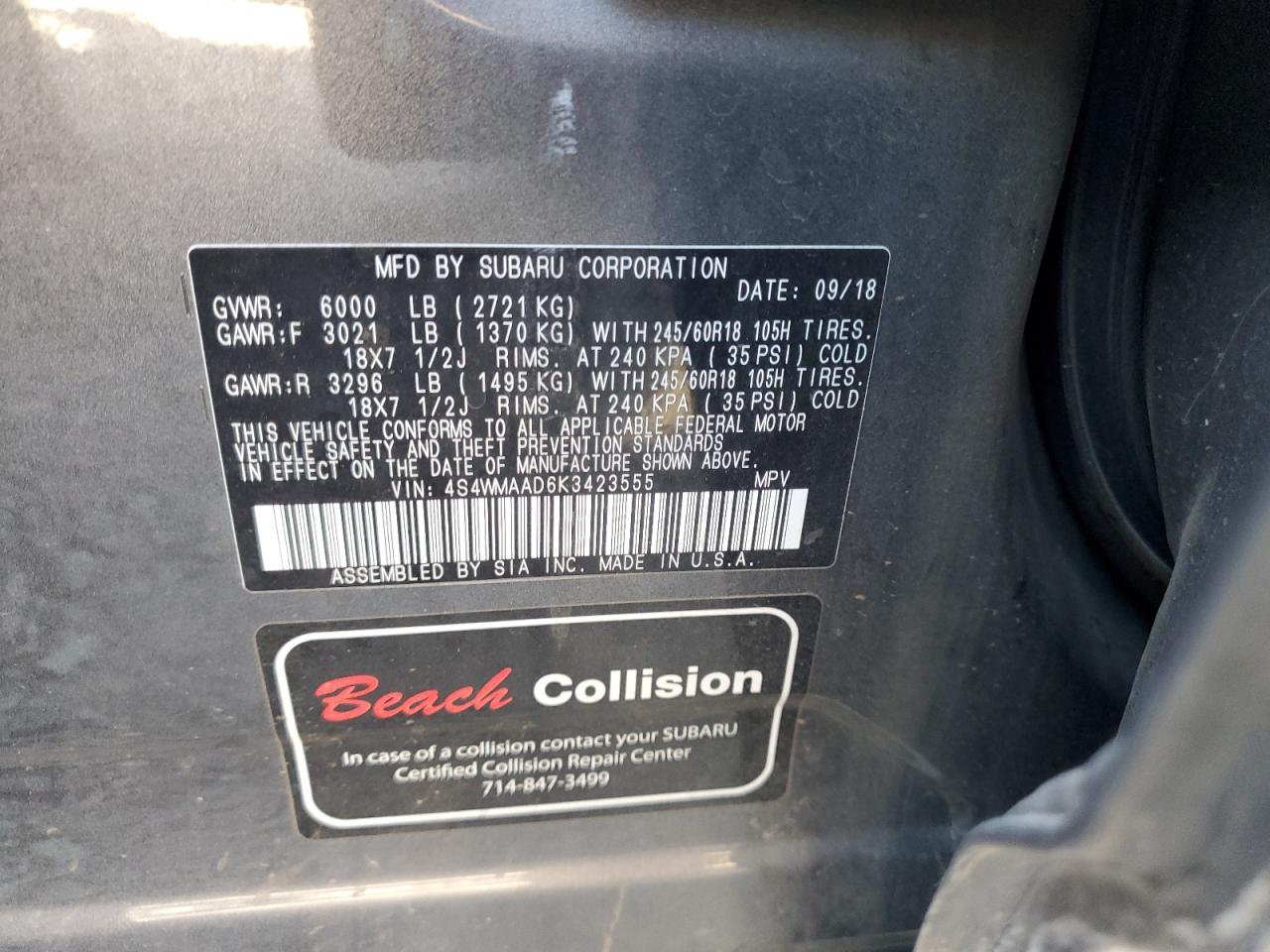 2019 Subaru Ascent VIN 4S4WMAAD6K3423555 Copart auction photo, rollover damage thumbnail 13