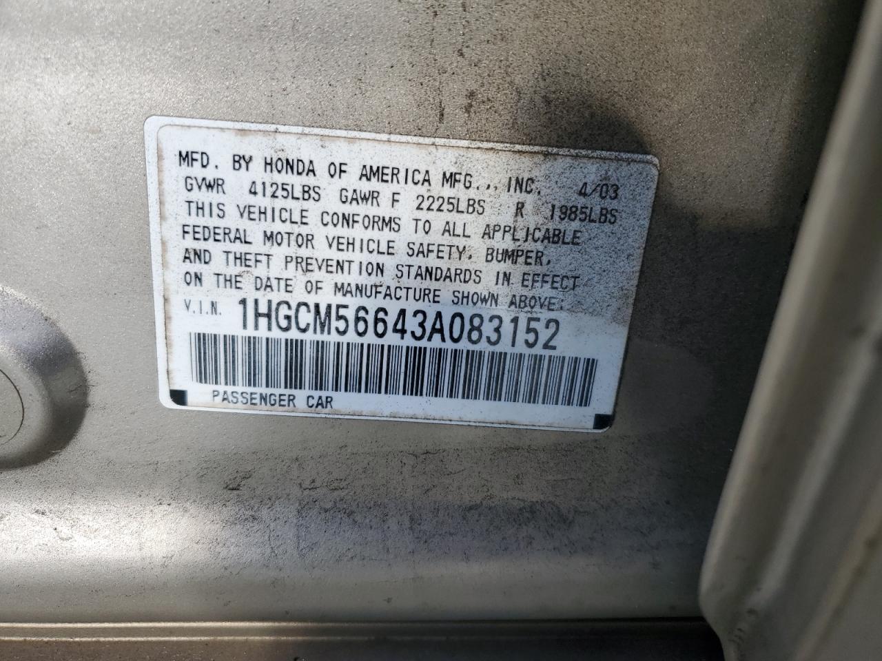 2003 Honda Accord VIN 1HGCM56643A083152 Copart auction photo, front end damage thumbnail 14