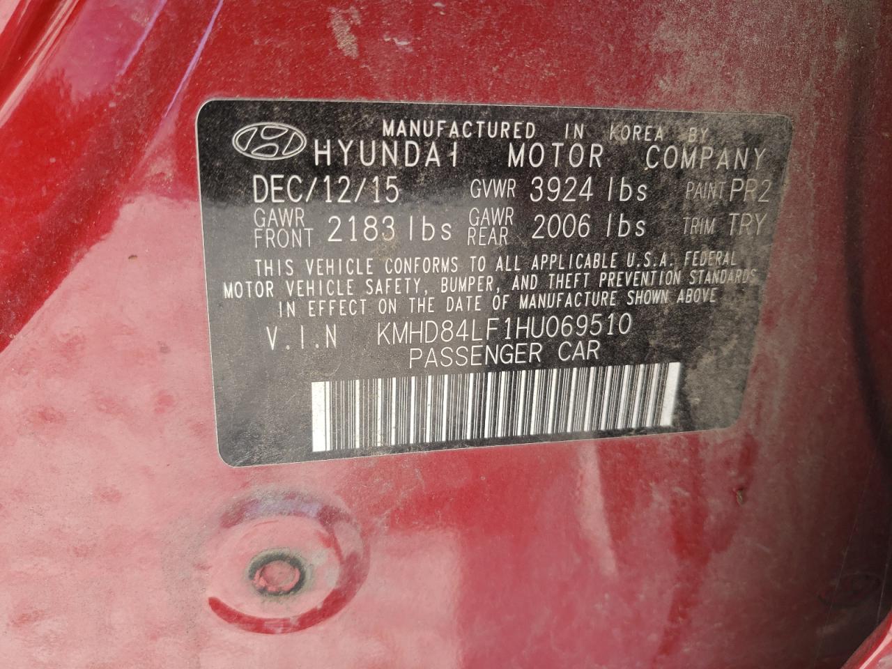 2017 Hyundai Elantra VIN KMHD84LF1HU069510 Copart auction photo, all over damage thumbnail 12