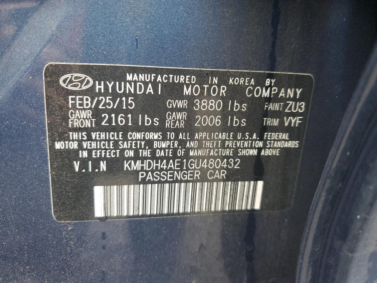 2016 Hyundai Elantra VIN KMHDH4AE1GU480432 Copart auction photo, rear end damage thumbnail 12