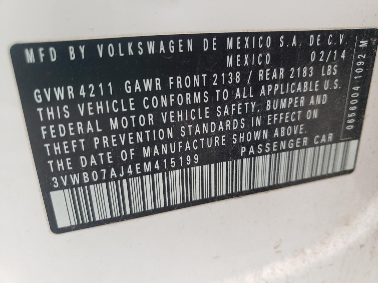 2014 Volkswagen Jetta VIN 3VWB07AJ4EM415199 Copart auction photo, water/flood / minor dent/scratches damage thumbnail 12