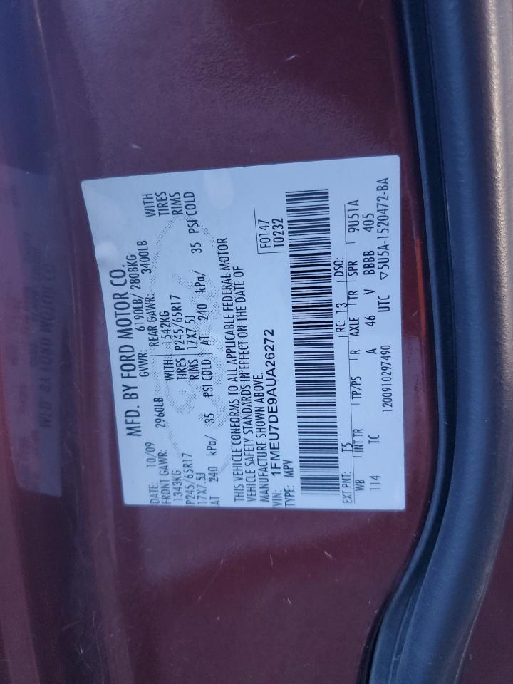 2010 Ford Explorer VIN 1FMEU7DE9AUA26272 Copart auction photo, water/flood / minor dent/scratches damage thumbnail 13