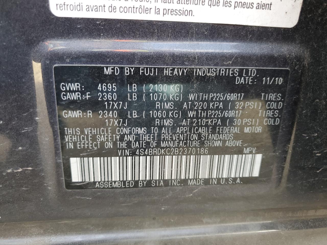 2011 Subaru Outback VIN 4S4BRDKC2B2370186 Copart auction photo, front end damage thumbnail 12