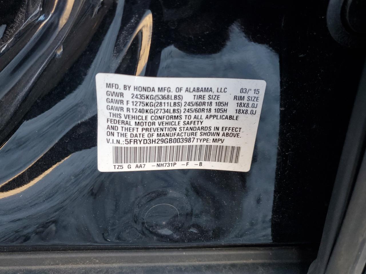 2016 Acura MDX VIN 5FRYD3H29GB003987 Copart auction photo, side damage thumbnail 13