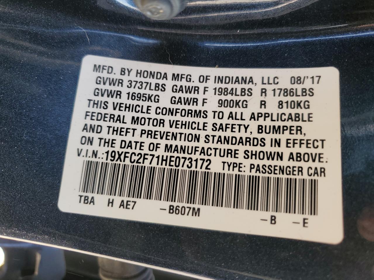 2017 Honda Civic VIN 19XFC2F71HE073172 Copart auction photo, front end damage thumbnail 12