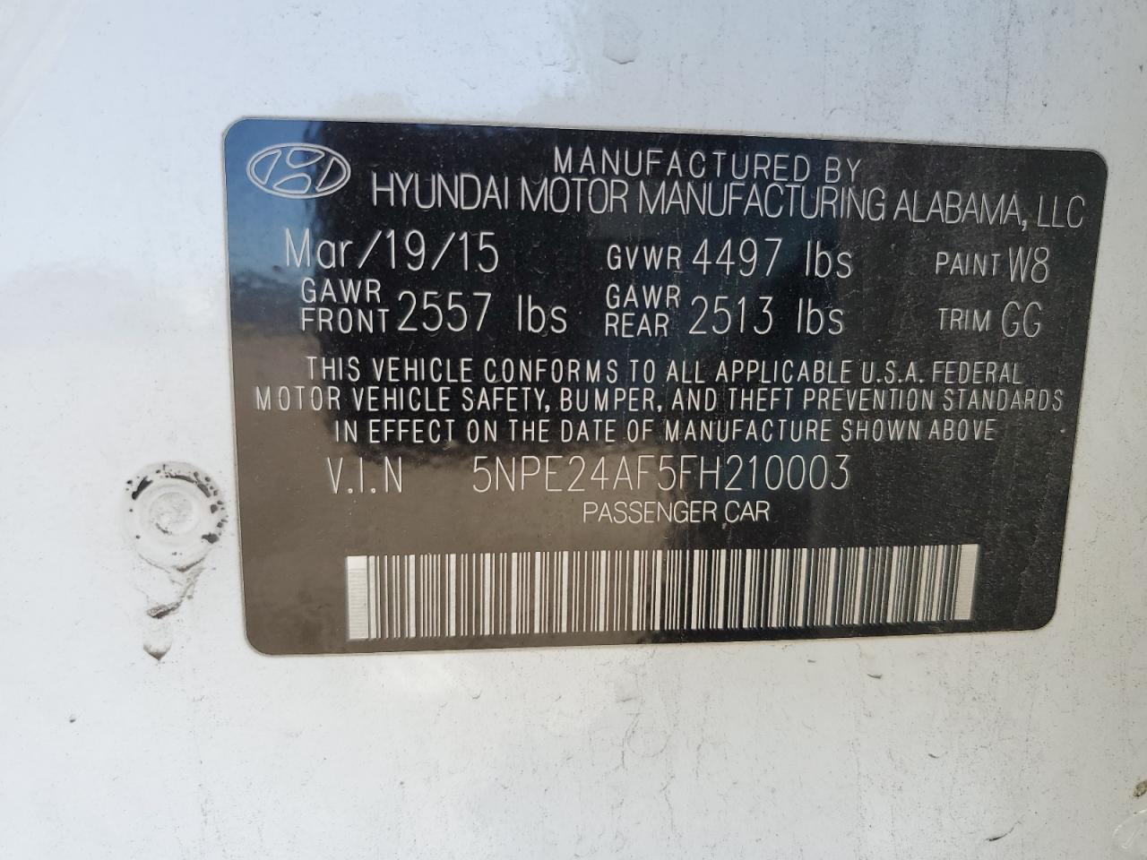 2015 Hyundai Sonata VIN 5NPE24AF5FH210003 Copart auction photo, front end / rear end damage thumbnail 13