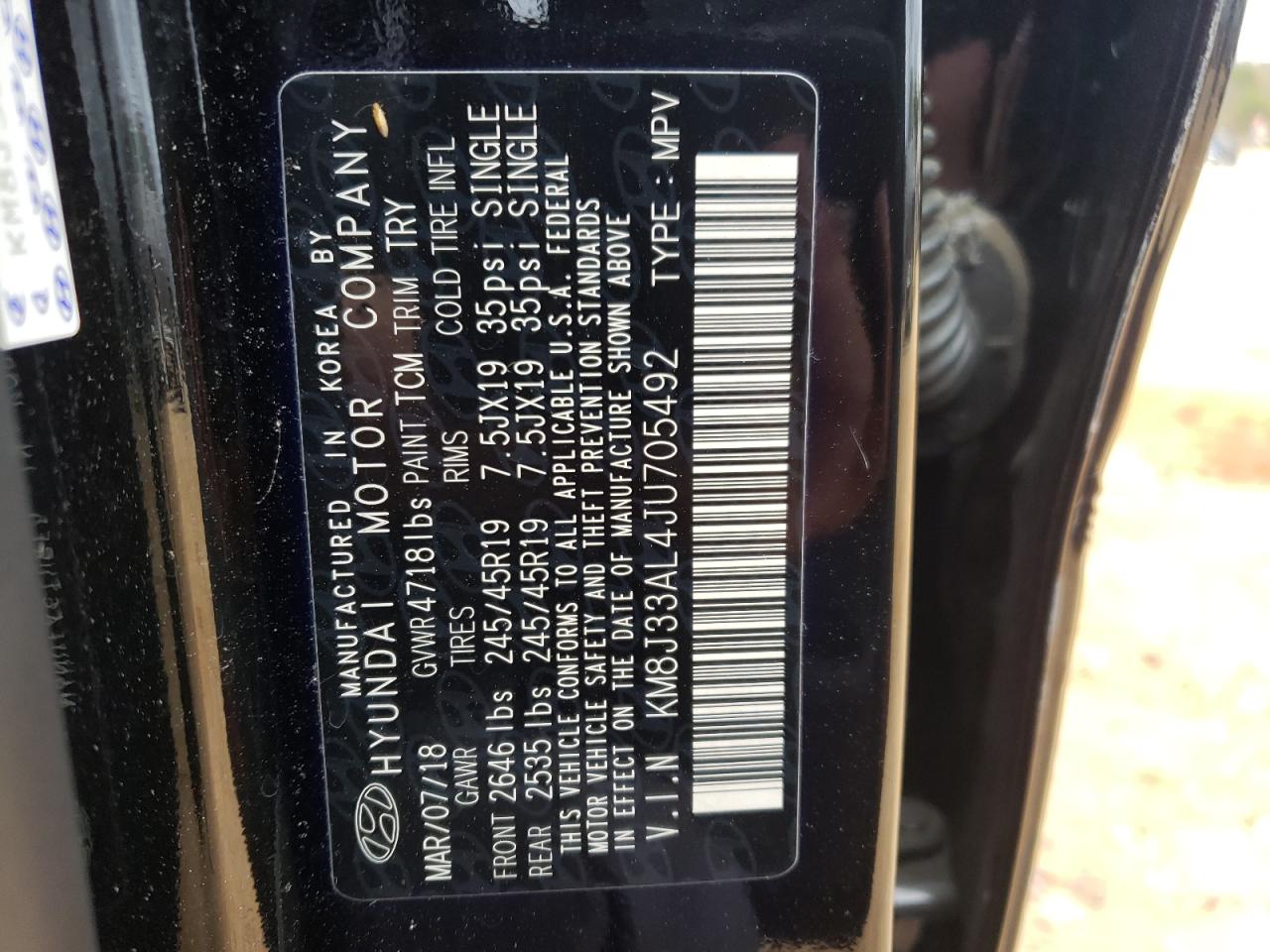 2018 Hyundai Tucson VIN KM8J33AL4JU705492 Copart auction photo, side / front end damage thumbnail 15