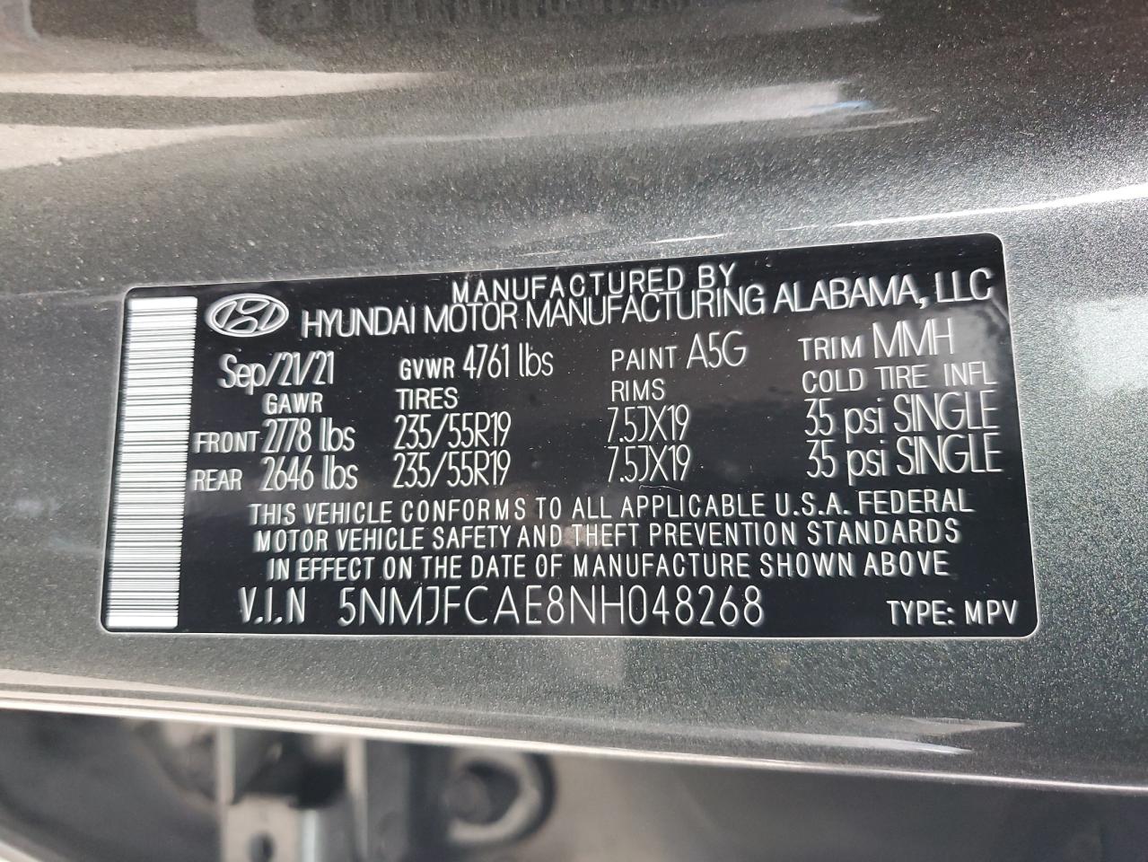 2022 Hyundai Tucson VIN 5NMJFCAE8NH048268 Copart auction photo, front end / rear end damage thumbnail 15