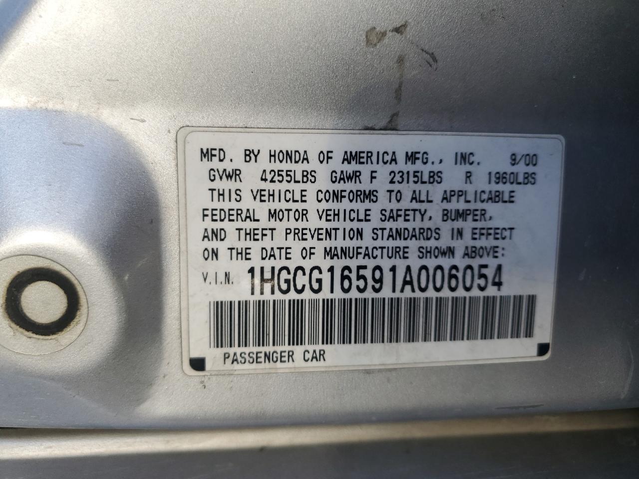 2001 Honda Accord VIN 1HGCG16591A006054 Copart auction photo, front end damage thumbnail 12