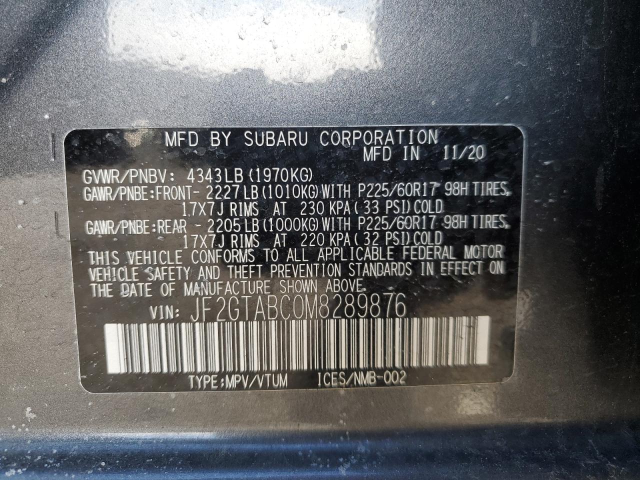 2021 Subaru XV VIN JF2GTABC0M8289876 Copart auction photo, rear end / side damage thumbnail 13