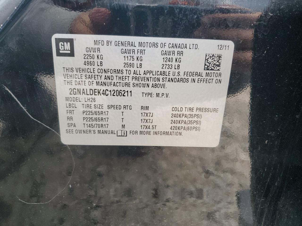 2012 Chevrolet Equinox VIN 2GNALDEK4C1206211 Copart auction photo, side / minor dent/scratches damage thumbnail 14
