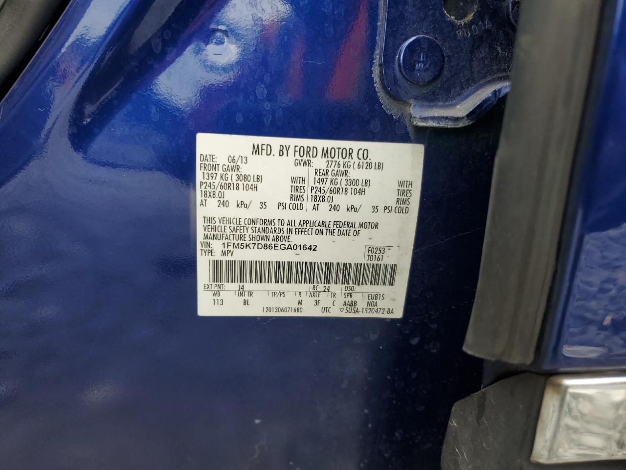 2014 Ford Explorer VIN 1FM5K7D86EGA01642 Copart auction photo, water/flood / normal wear damage thumbnail 13