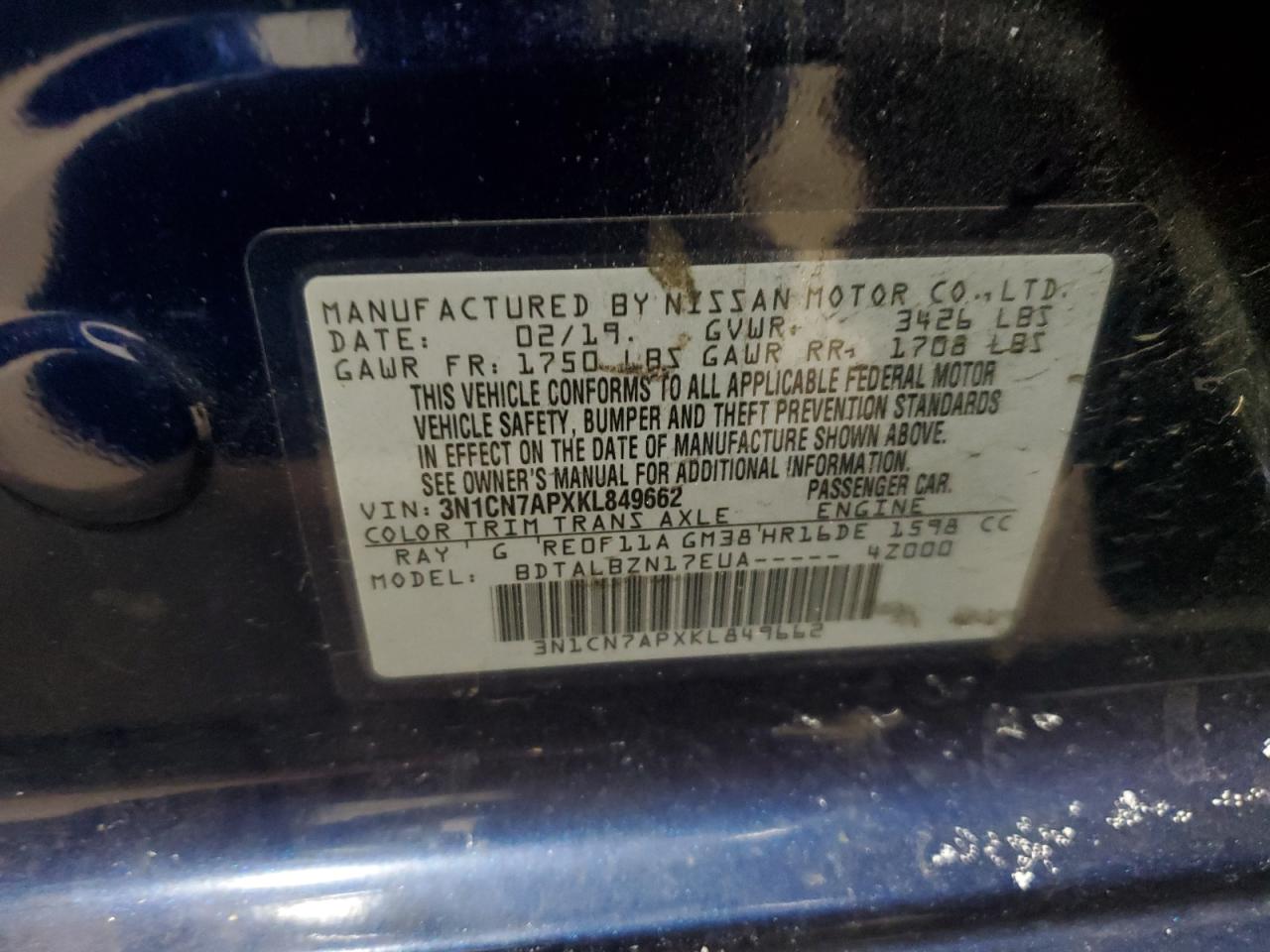 2019 Nissan Versa VIN 3N1CN7APXKL849662 Copart auction photo, front end damage thumbnail 13