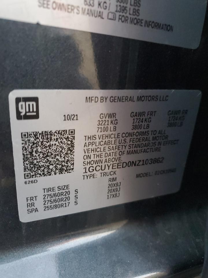 2022 Chevrolet Silverado VIN 1GCUYEED0NZ103862 Copart auction photo, front end / minor dent/scratches damage thumbnail 12