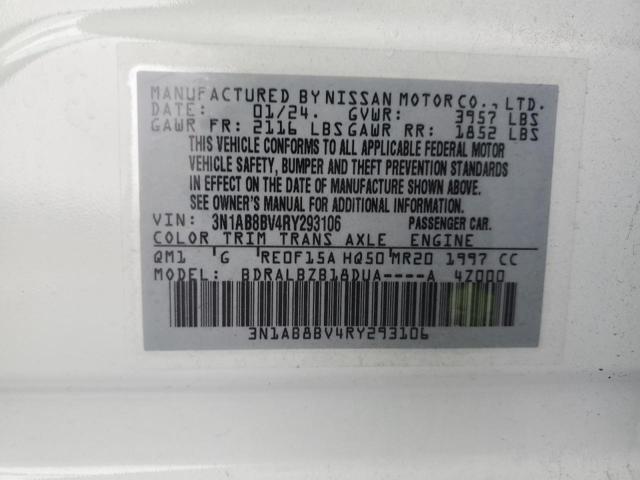 2024 Nissan Sentra VIN 3N1AB8BV4RY293106 Copart auction photo, rear end / front end damage thumbnail 14