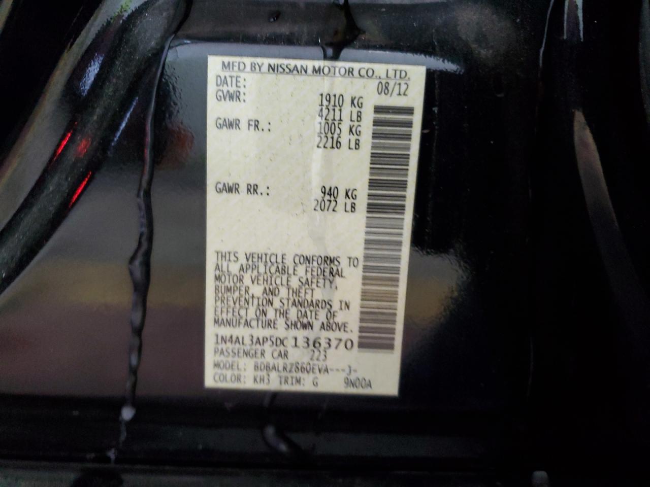 2013 Nissan Altima VIN 1N4AL3AP5DC136370 Copart auction photo, front end / minor dent/scratches damage thumbnail 12