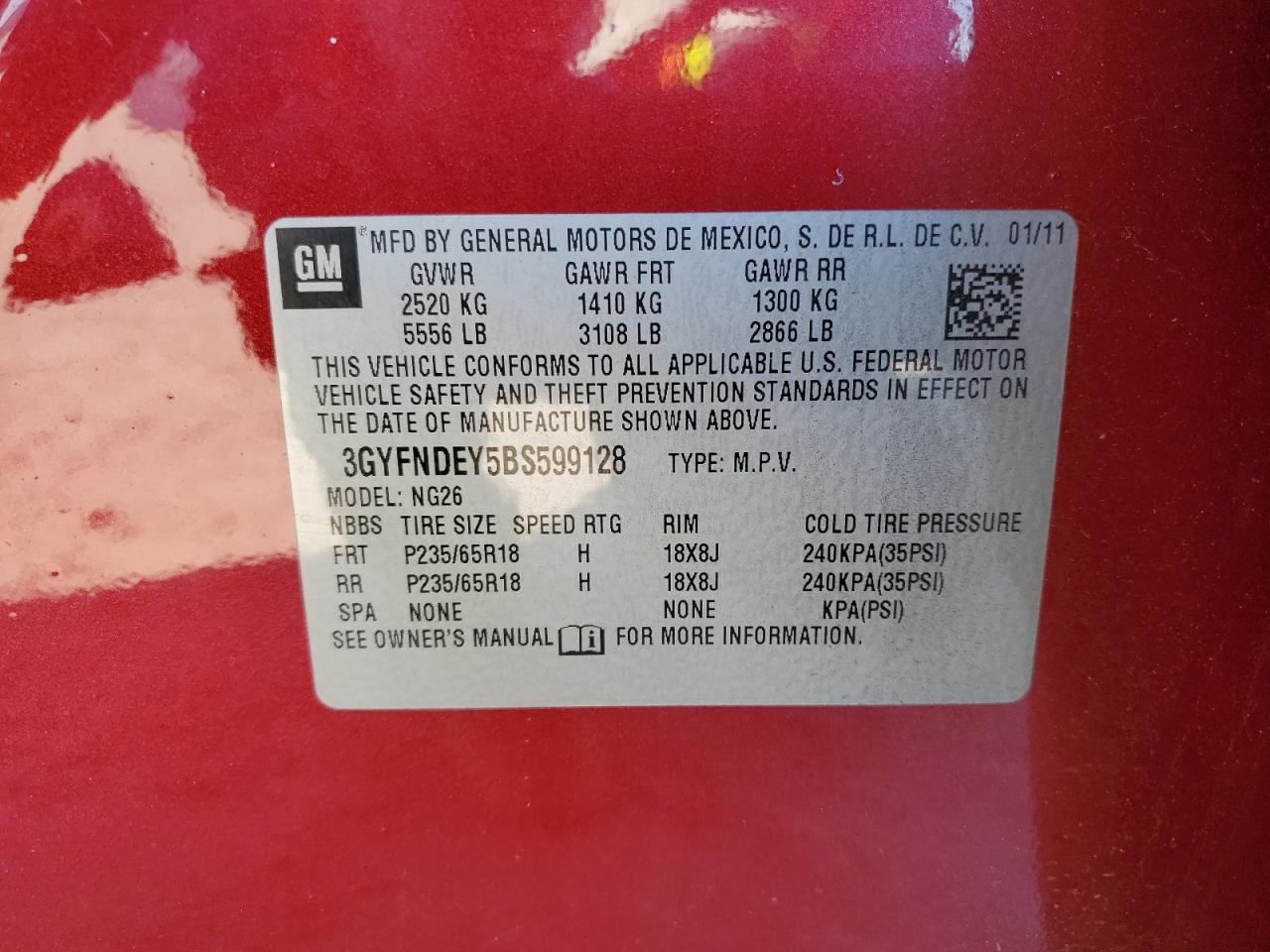 2011 Cadillac SRX VIN 3GYFNDEY5BS599128 Copart auction photo, front end / rear end damage thumbnail 15