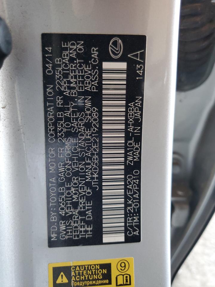 2014 Lexus CT VIN JTHKD5BH2E2192089 Copart auction photo, front end damage thumbnail 15