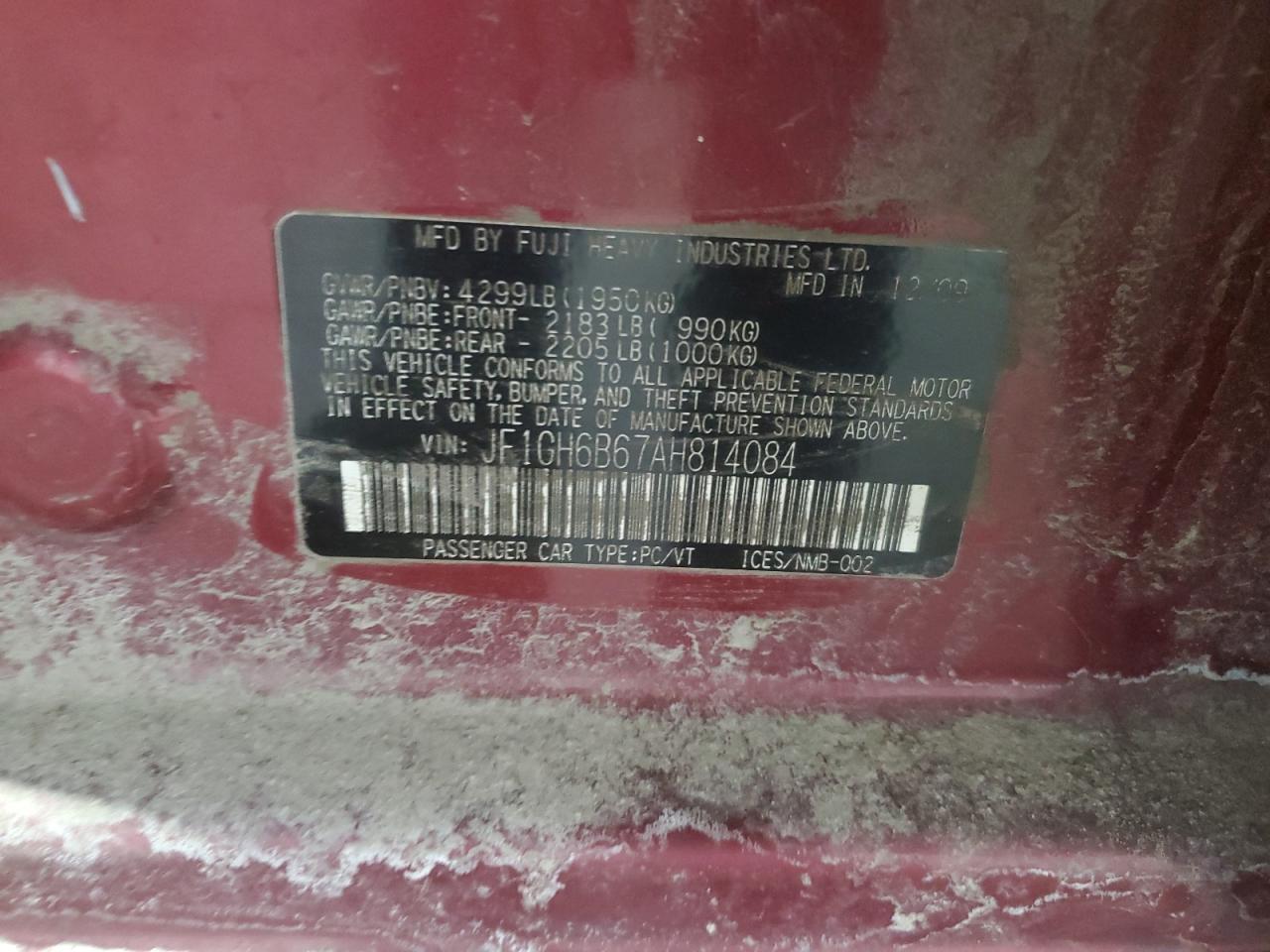 2010 Subaru Impreza VIN JF1GH6B67AH814084 Copart auction photo, front end / minor dent/scratches damage thumbnail 12
