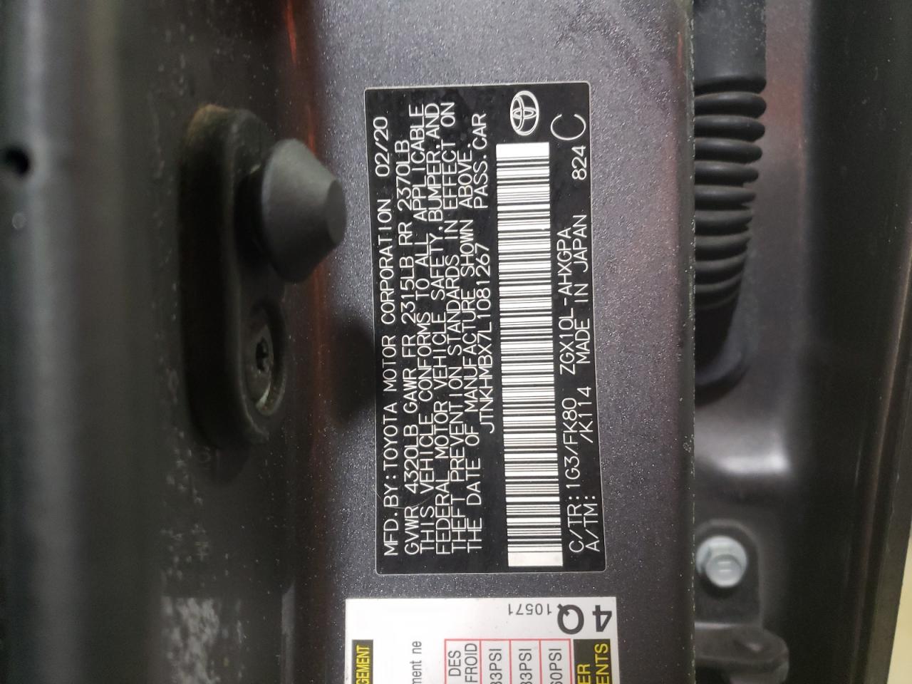 2020 Toyota C-HR VIN JTNKHMBX7L1081267 Copart auction photo, front end / partial repair damage thumbnail 13