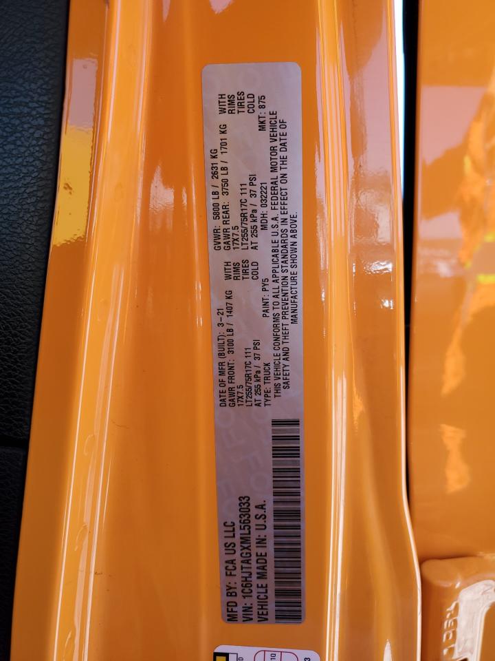 2021 Jeep Gladiator VIN 1C6HJTAGXML563033 Copart auction photo, undercarriage / minor dent/scratches damage thumbnail 14