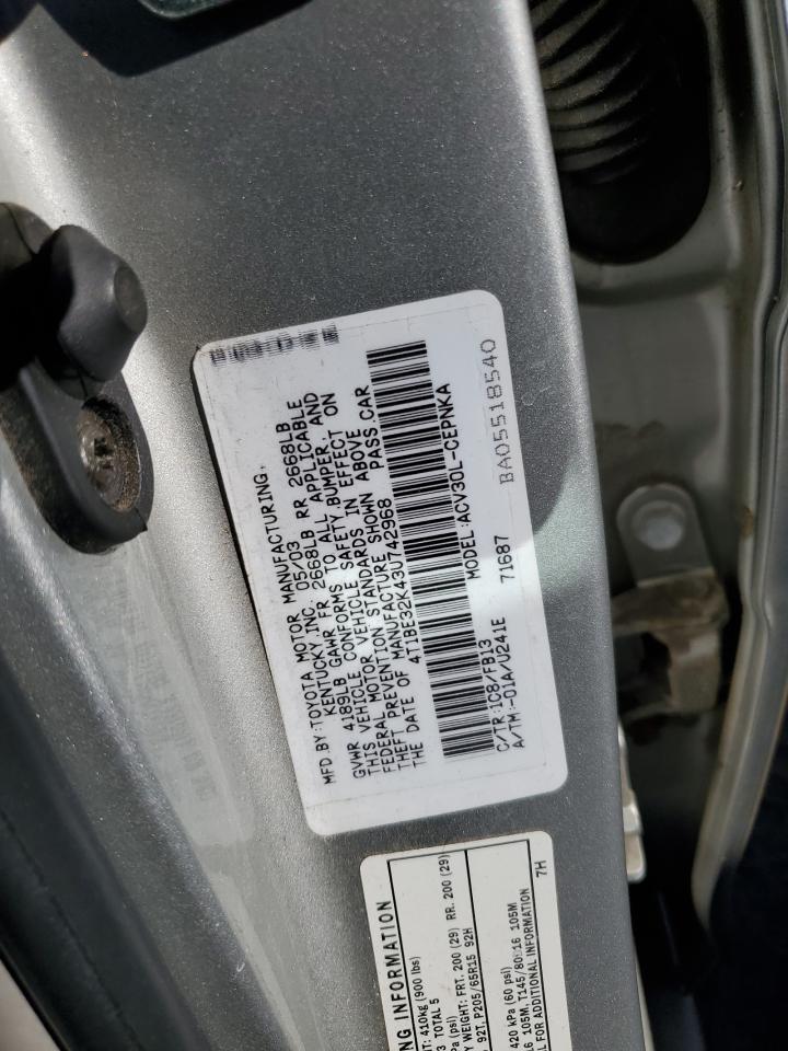 2003 Toyota Camry VIN 4T1BE32K43U742968 Copart auction photo, rear end damage thumbnail 12