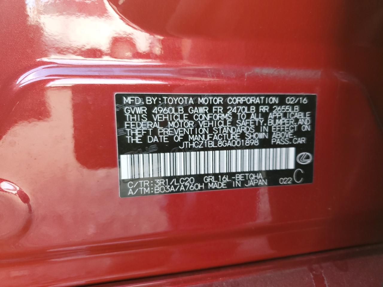 2016 Lexus GS VIN JTHCZ1BL8GA001898 Copart auction photo, front end / rear end damage thumbnail 12