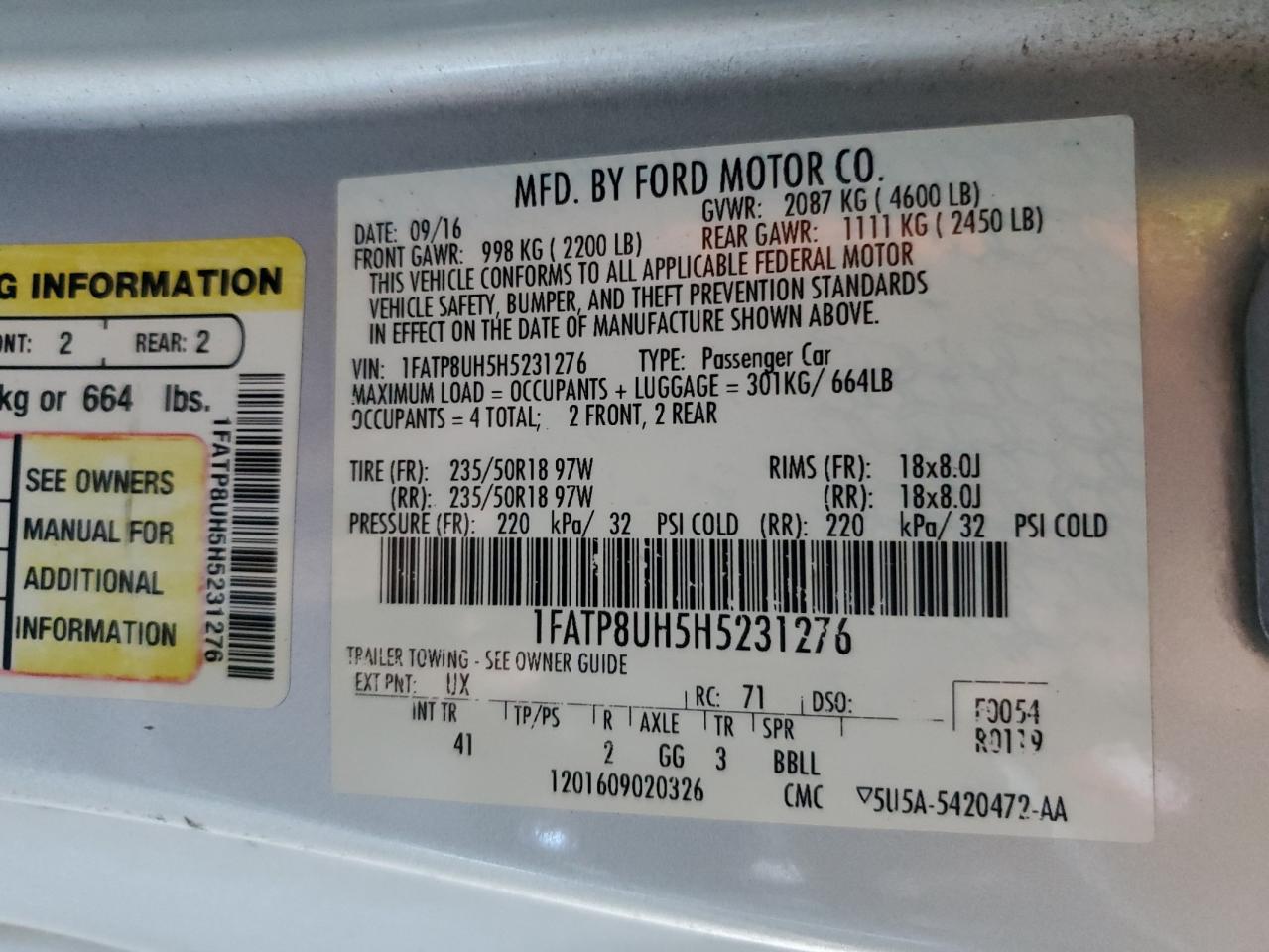 2017 Ford Mustang VIN 1FATP8UH5H5231276 Copart auction photo, front end / side damage thumbnail 12