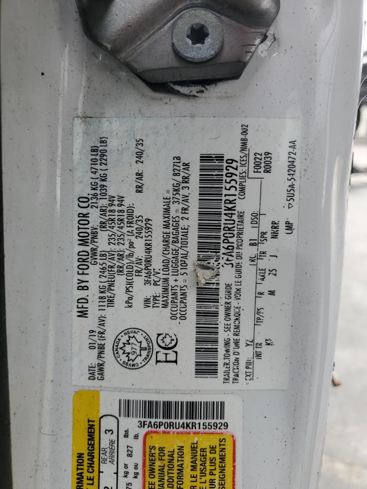 2019 Ford Fusion VIN 3FA6P0RU4KR155929 Copart auction photo, all over damage thumbnail 15