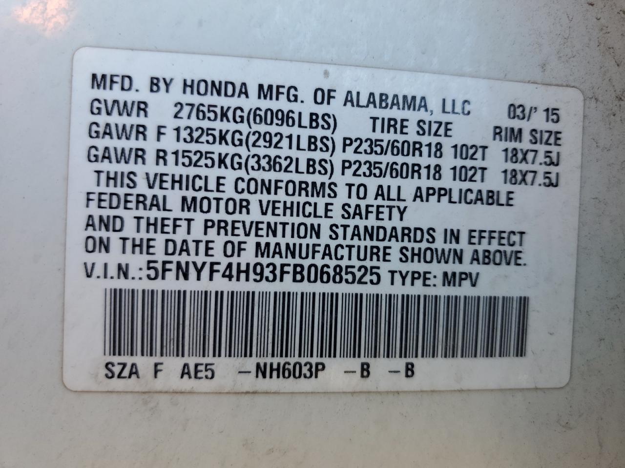 2015 Honda Pilot VIN 5FNYF4H93FB068525 Copart auction photo, front end / rear end damage thumbnail 13