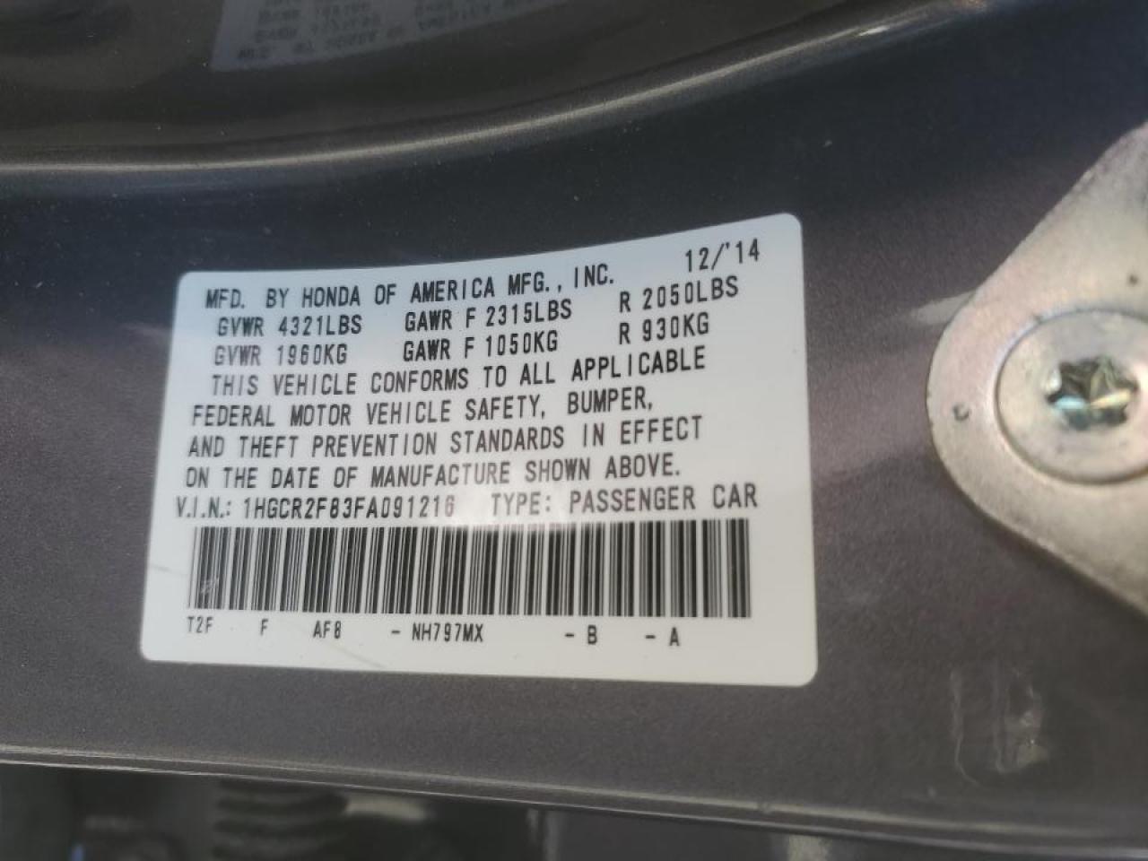 2015 Honda Accord VIN 1HGCR2F83FA091216 Copart auction photo, side damage thumbnail 14