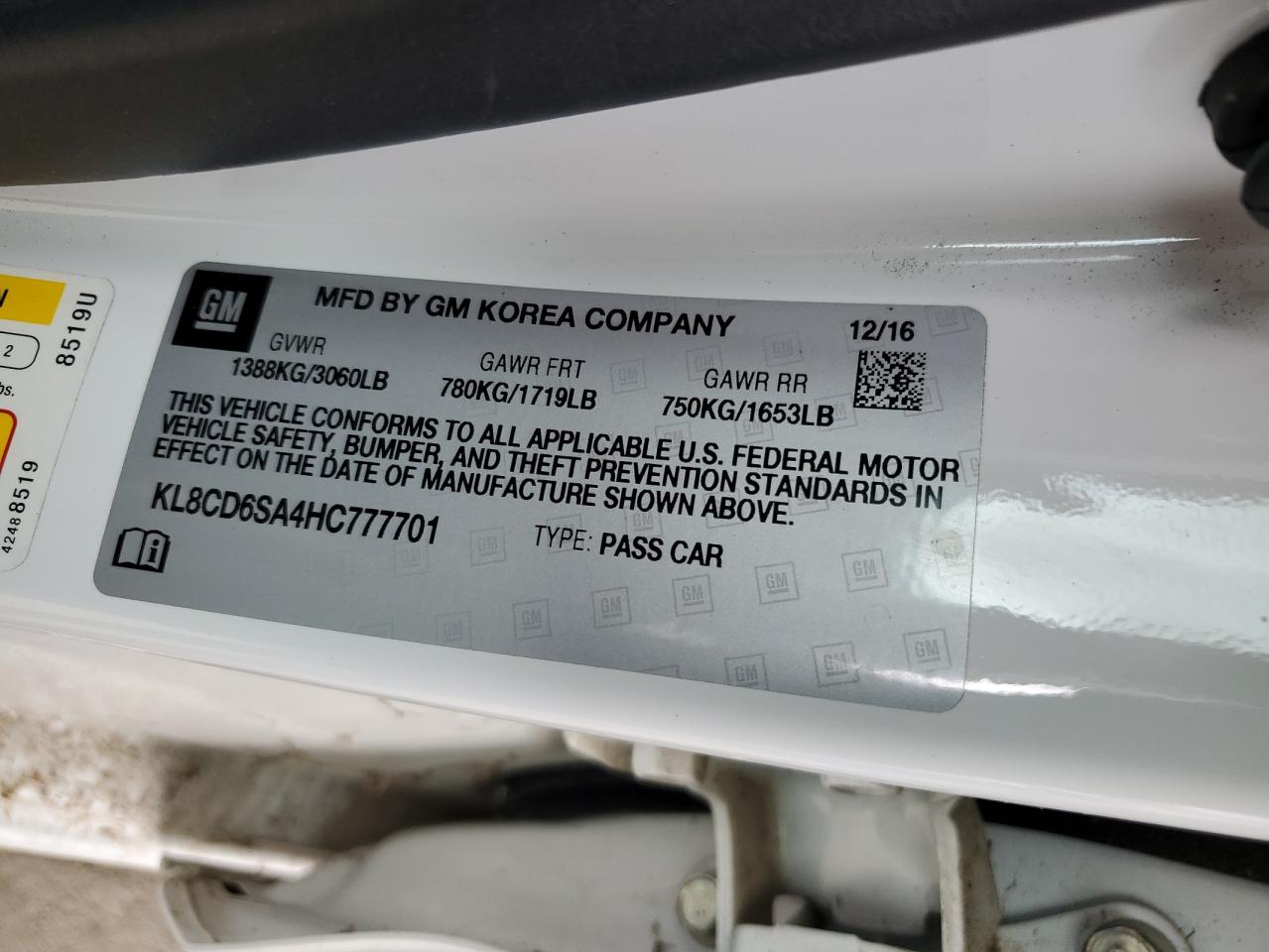 2017 Chevrolet Spark VIN KL8CD6SA4HC777701 Copart auction photo, front end damage thumbnail 13