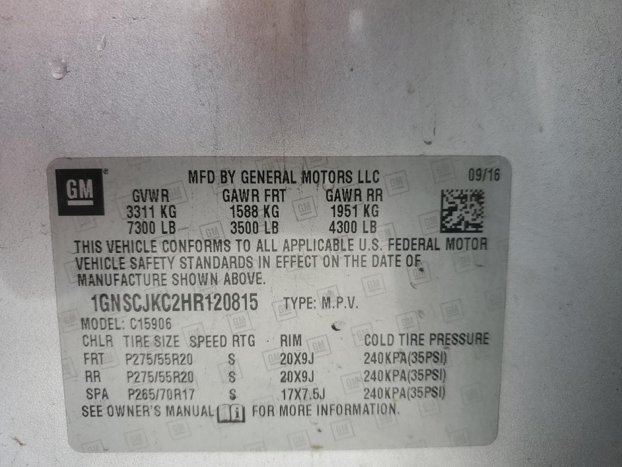 2017 Chevrolet Suburban VIN 1GNSCJKC2HR120815 Copart auction photo, front end / minor dent/scratches damage thumbnail 13