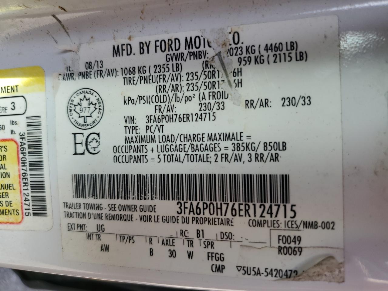 2014 Ford Fusion VIN 3FA6P0H76ER124715 Copart auction photo, front end damage thumbnail 12