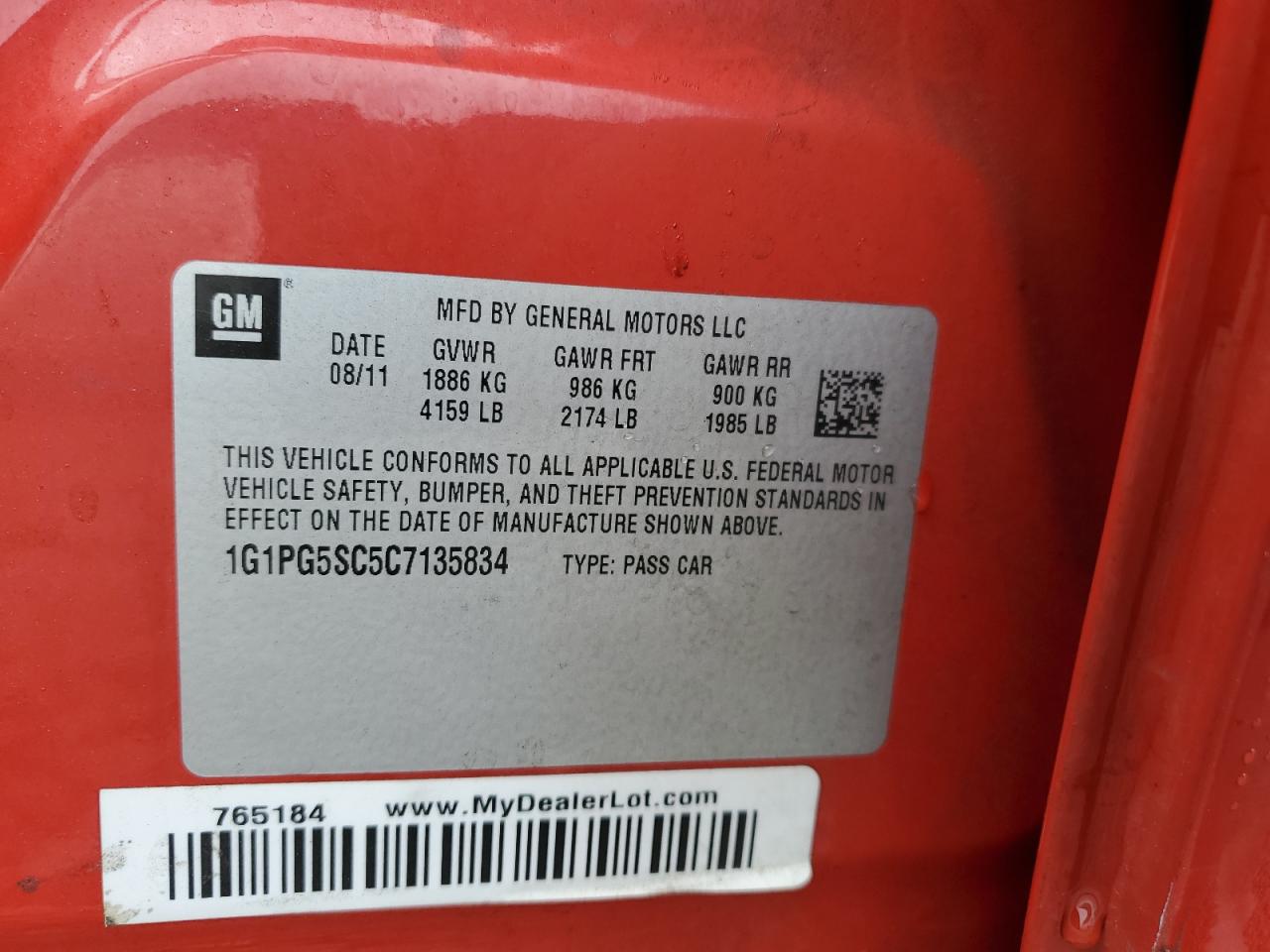2012 Chevrolet Cruze VIN 1G1PG5SC5C7135834 Copart auction photo, rear end / undercarriage damage thumbnail 12