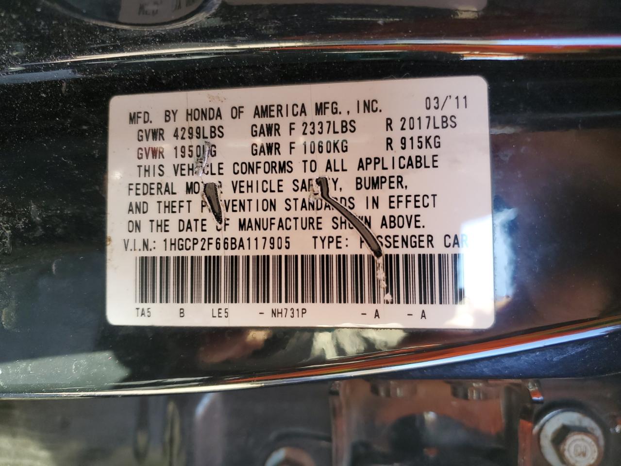 2011 Honda Accord VIN 1HGCP2F66BA117905 Copart auction photo, front end / rear end damage thumbnail 12