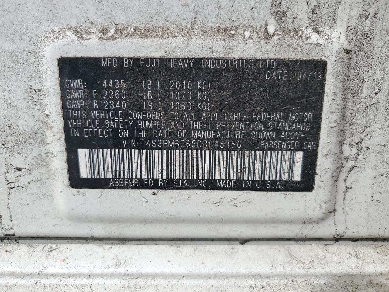 2013 Subaru Legacy VIN 4S3BMBC65D3045156 Copart auction photo, front end damage thumbnail 12