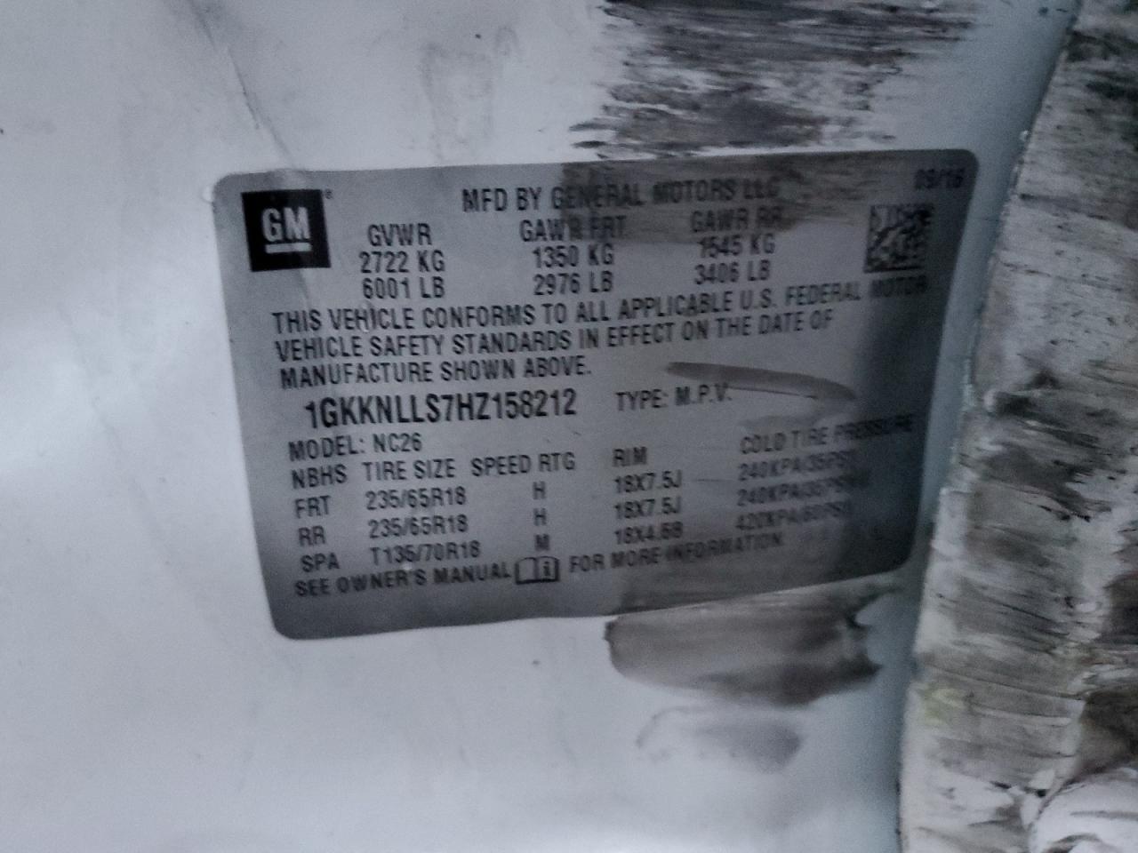 2017 GMC Acadia VIN 1GKKNLLS7HZ158212 Copart auction photo, rollover damage thumbnail 15