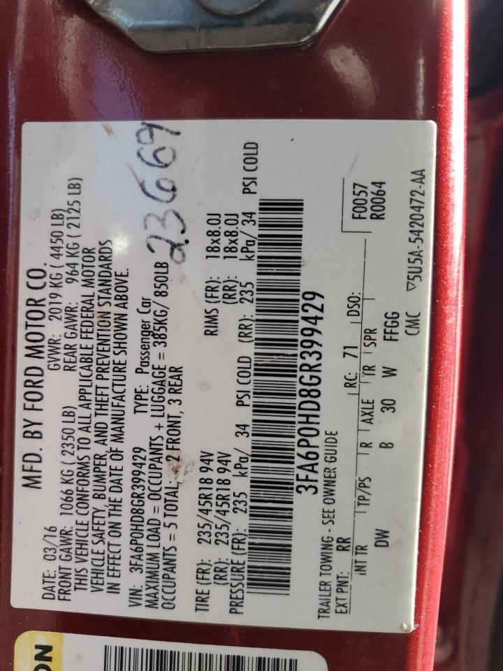 2016 Ford Fusion VIN 3FA6P0HD8GR399429 Copart auction photo, side damage thumbnail 12