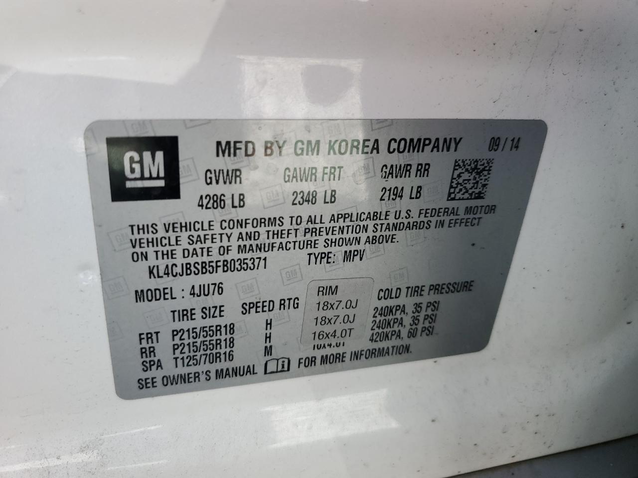 2015 Buick Encore VIN KL4CJBSB5FB035371 Copart auction photo, front end damage thumbnail 15