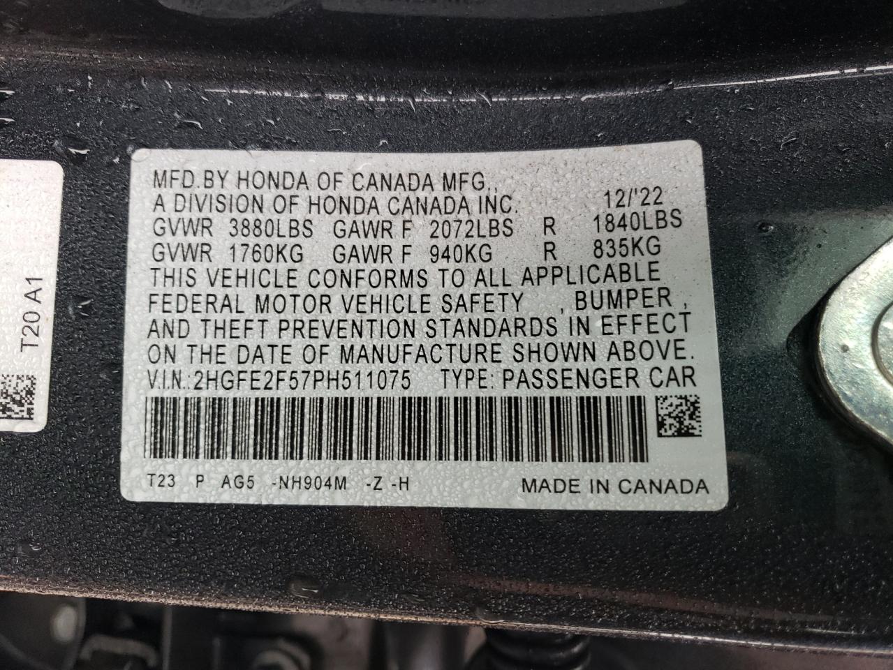 2023 Honda Civic VIN 2HGFE2F57PH511075 Copart auction photo, front end / rear end damage thumbnail 13