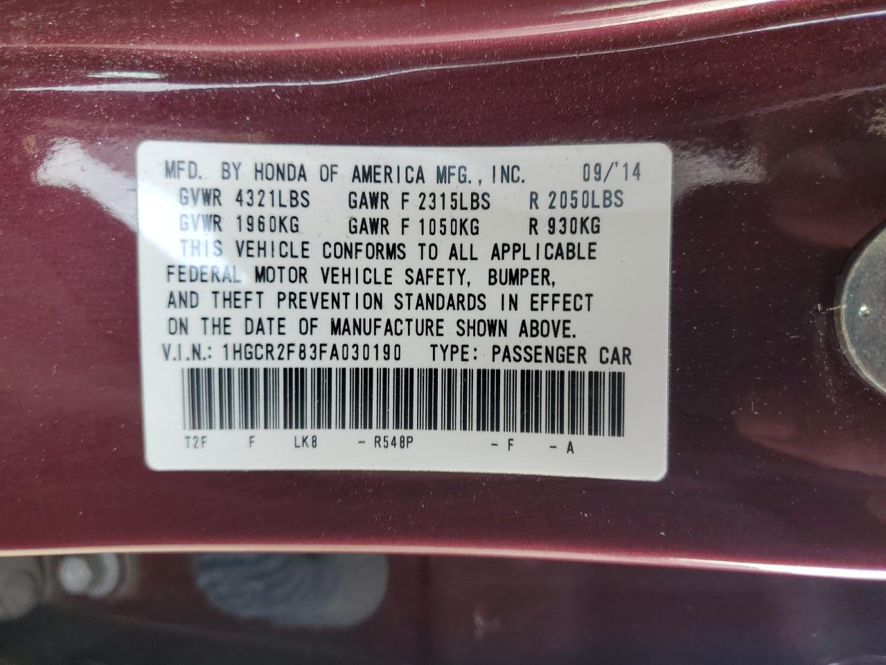 2015 Honda Accord VIN 1HGCR2F83FA030190 Copart auction photo, front end damage thumbnail 12