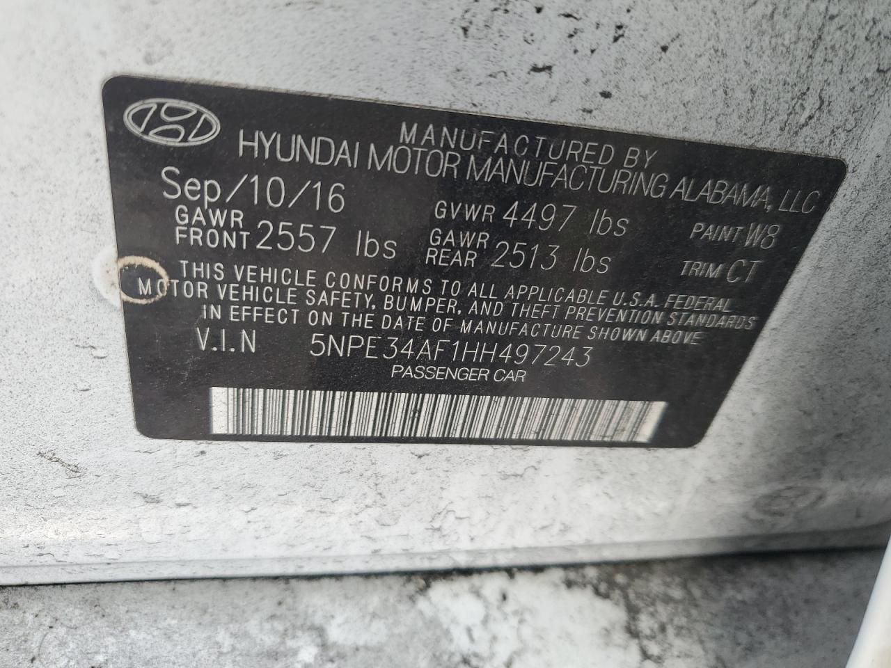 2017 Hyundai Sonata VIN 5NPE34AF1HH497243 Copart auction photo, front end / minor dent/scratches damage thumbnail 13