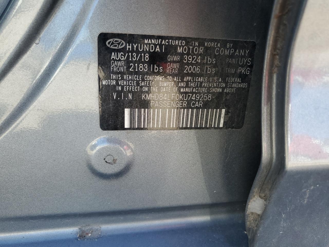 2019 Hyundai Elantra VIN KMHD84LF0KU749258 Copart auction photo, front end / minor dent/scratches damage thumbnail 12