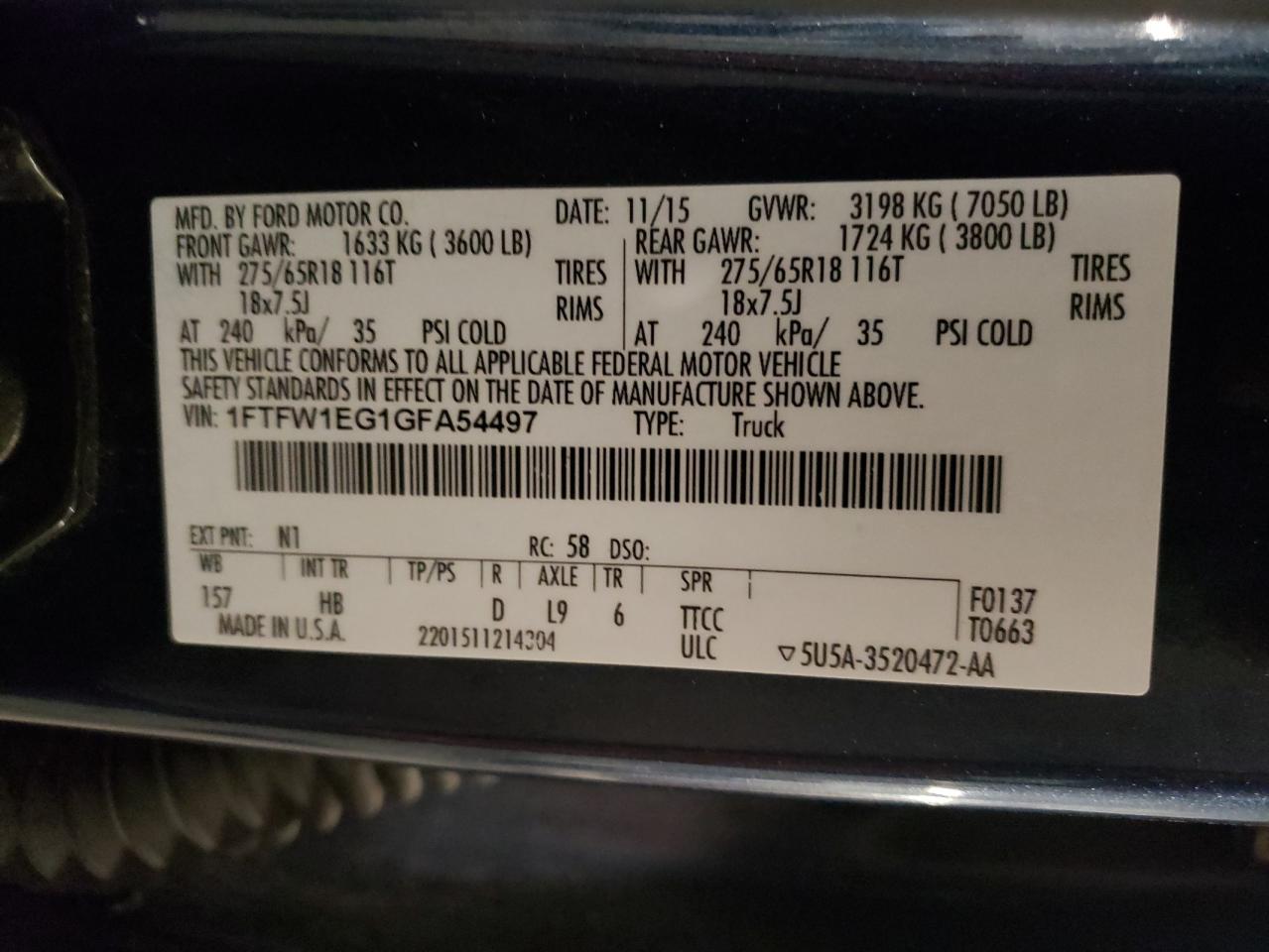 2016 Ford F-150 VIN 1FTFW1EG1GFA54497 Copart auction photo, front end / side damage thumbnail 12