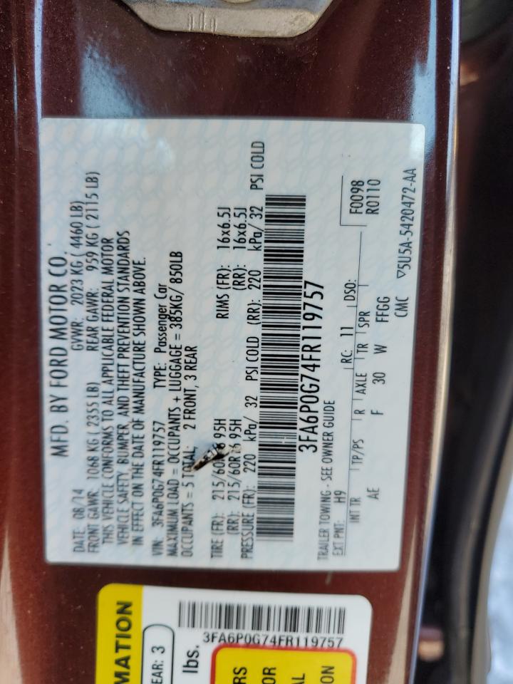 2015 Ford Fusion VIN 3FA6P0G74FR119757 Copart auction photo, front end damage thumbnail 13