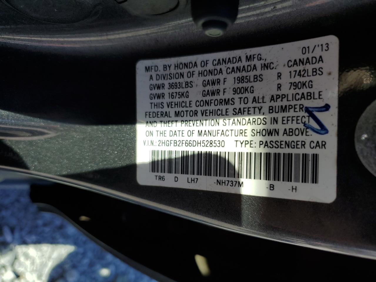 2013 Honda Civic VIN 2HGFB2F66DH528530 Copart auction photo, front end / minor dent/scratches damage thumbnail 14