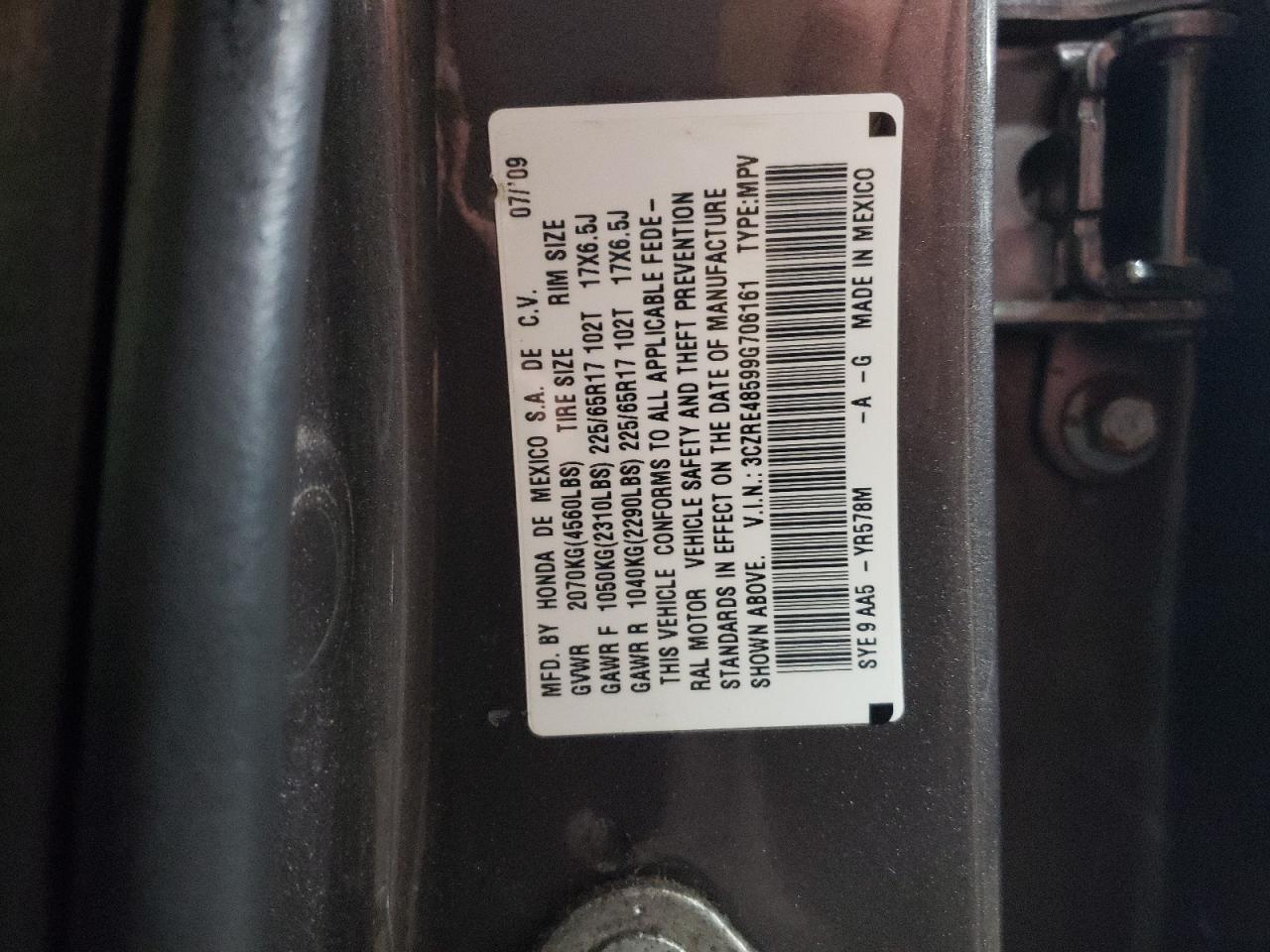 2009 Honda CR-V VIN 3CZRE48599G706161 Copart auction photo, side / rear end damage thumbnail 12