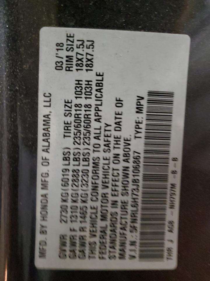 2018 Honda Odyssey VIN 5FNRL6H73JB106867 Copart auction photo, front end / side damage thumbnail 13