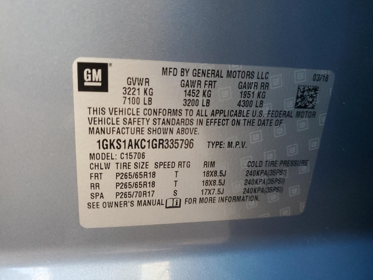 2016 GMC Yukon VIN 1GKS1AKC1GR335796 Copart auction photo, water/flood damage thumbnail 14